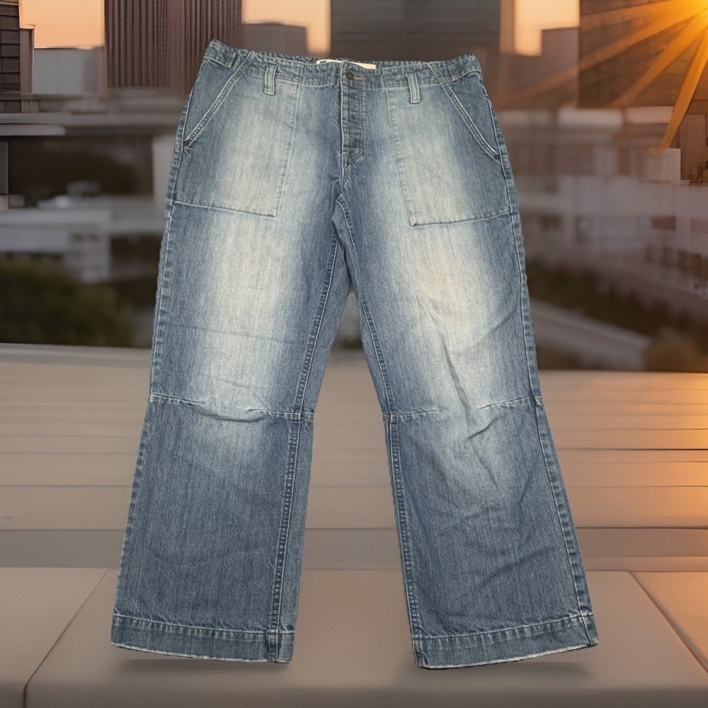 Vintage Y2K Gap Utility Carpenter Jeans Button Flap Pockets Blue Wide Leg 38x30